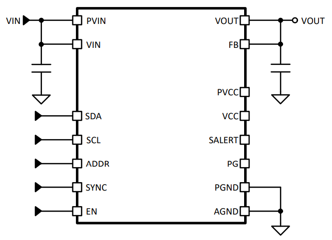 Applikations-Schaltungsdiagramm - Microchip Technology MCPF1412 Schalt-Abwärtsreglermodul von 16 V, 12 A