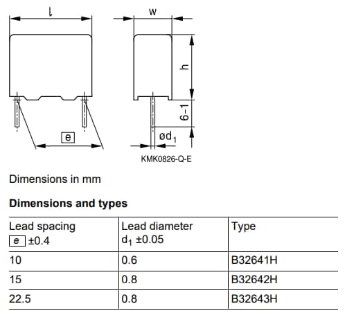 Technische Zeichnung - EPCOS / TDK B3264xH Metallisierte Folienkondensatoren