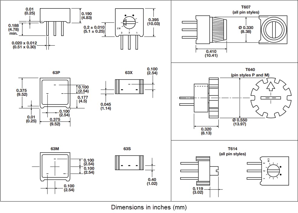 Technische Zeichnung - Vishay / Spectrol Quadratischer 3/8-Zoll-Trimmwiderstand mit einfacher Windung der Baureihe 63 Series