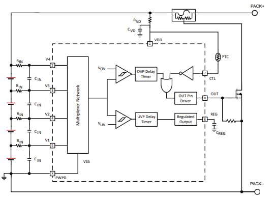 Blockdiagramm - Texas Instruments BQ2969T Überspannungs- und Übertemperaturschutz