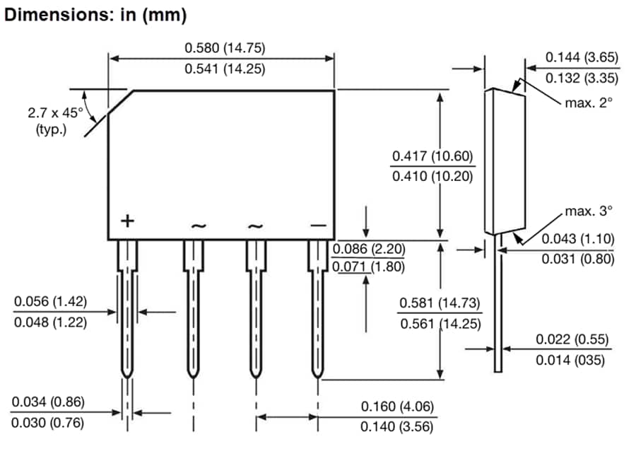 Technische Zeichnung - Vishay Semiconductors KBPE0480 Single-In-Line-Brückengleichrichter