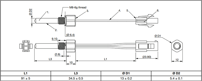 Technische Zeichnung - Vishay / BC Components NTCASCW78A NTC-Tauchtemperatursensor