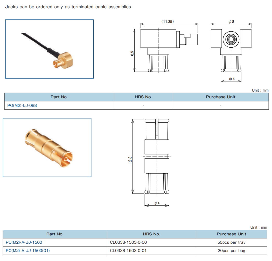 Technische Zeichnung - Hirose Electric PO(M2) Druckverriegelungs-Koaxialsteckverbinder