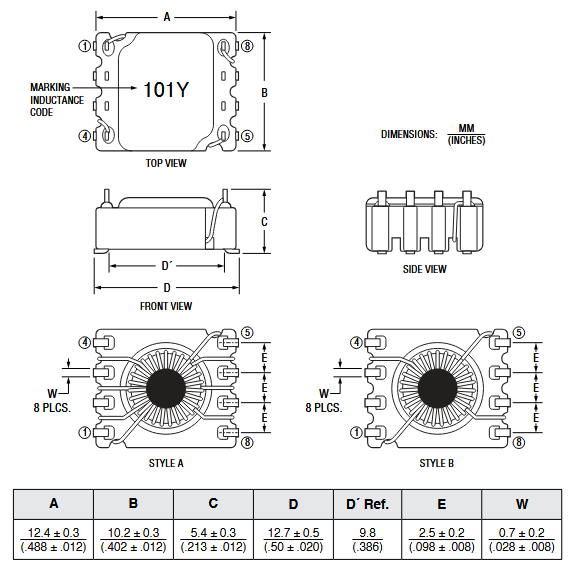 Technische Zeichnung - Bourns SRF1360 SMD-Netzfilter