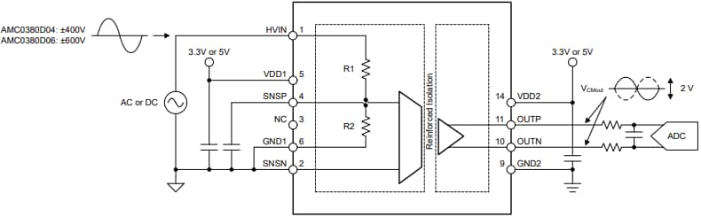 Applikations-Schaltungsdiagramm - Texas Instruments Isolierte Verstärker AMC0380D & AMC0380D-Q1