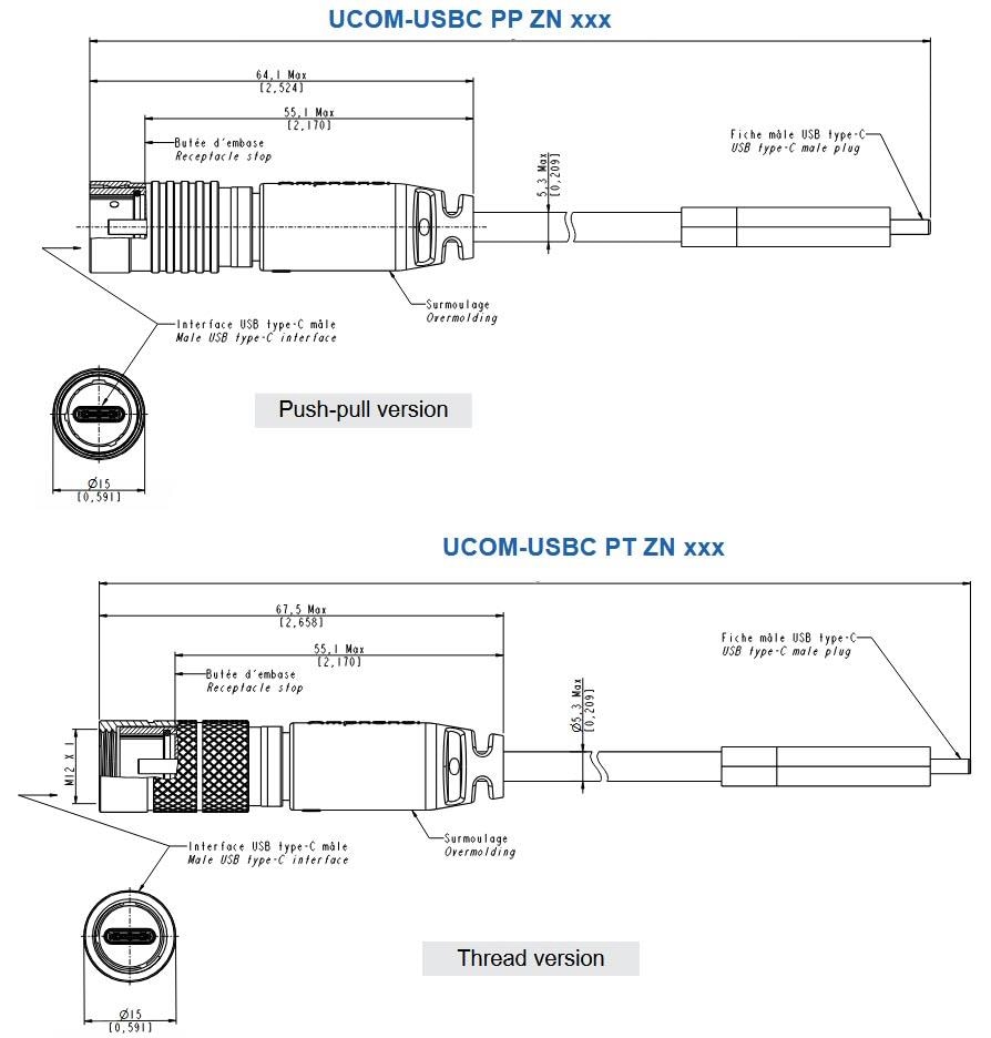 Technische Zeichnung - Amphenol Socapex Robuste Steckverbinder und Kabelsätze μCOM USBC 3.2 Gen 2