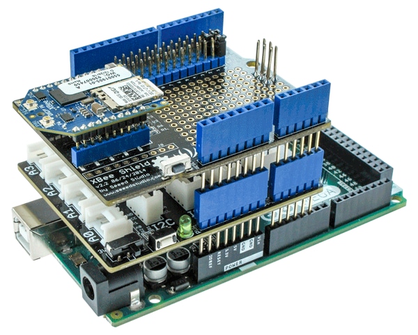 Arduino Mega, Sensor Shield, XBee shield, and DIGI LTE Module stacked
