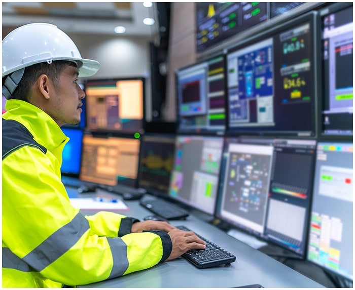 Engineer monitoring an industrial control room with a lot of monitors