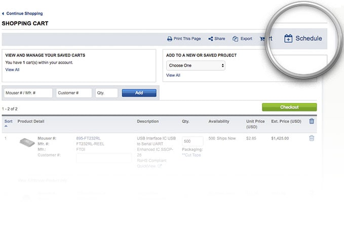 Die Schaltfläche für die Planung der Bestellung ist auf der Warenkorbseite markiert.